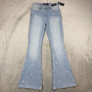 Hollister Jeans Womens 27L Blue Cotton Denim High Rise Flare Soft Stretch Floral
